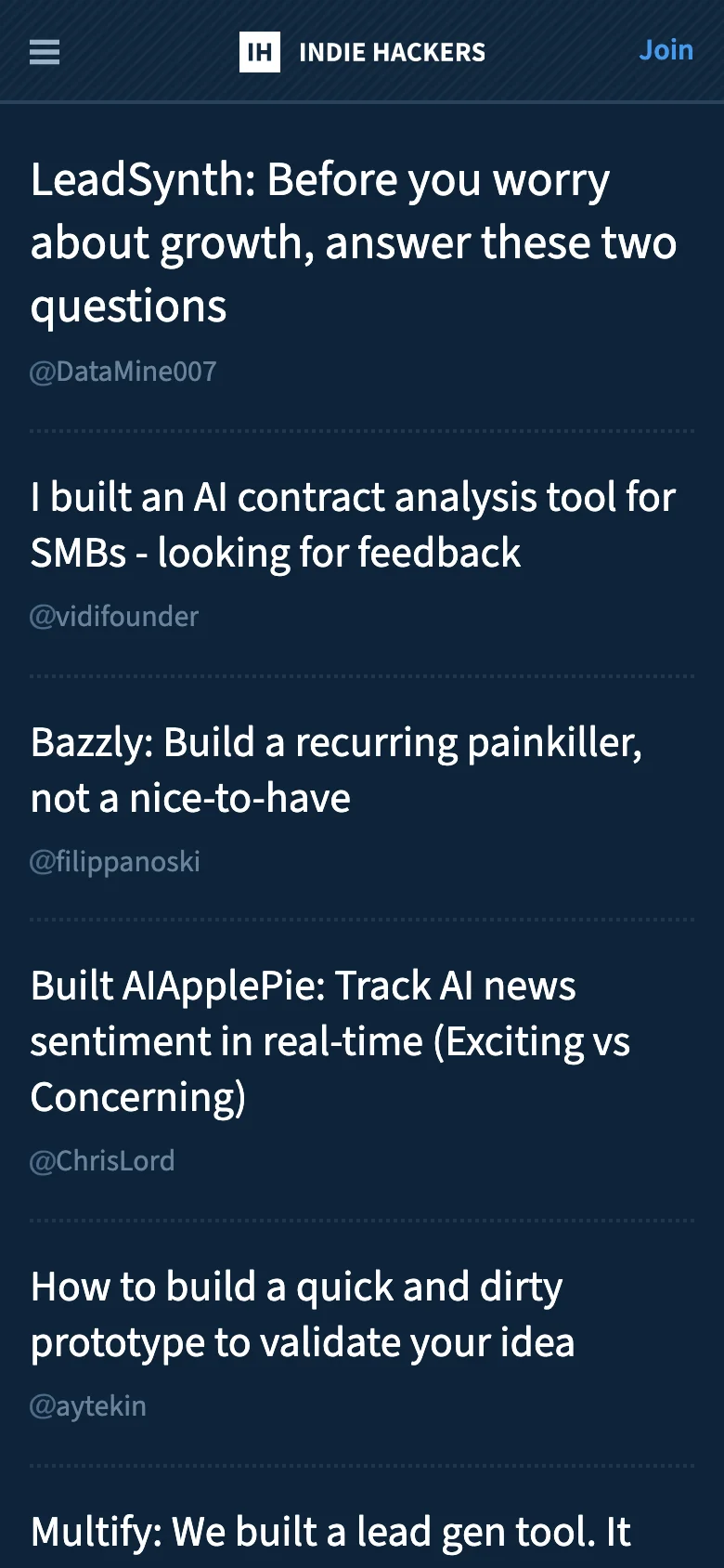 Indie Hackers — Móvil